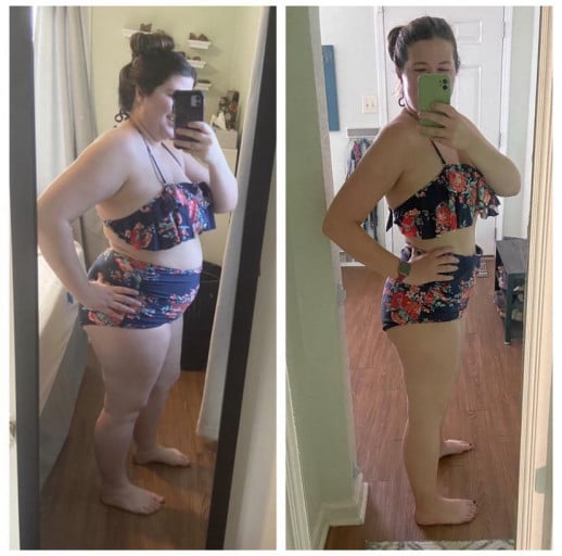 A before and after photo of a 5'3" female showing a weight reduction from 215 pounds to 155 pounds. A net loss of 60 pounds.