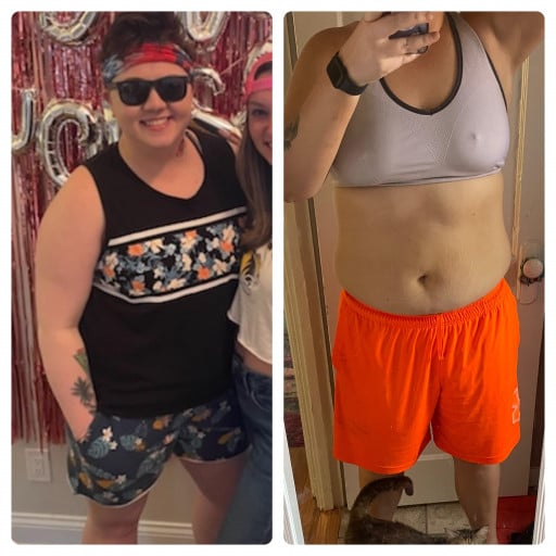 A before and after photo of a 5'8" female showing a weight reduction from 260 pounds to 220 pounds. A total loss of 40 pounds.