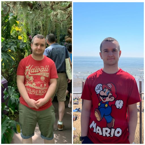A before and after photo of a 5'5" male showing a weight reduction from 205 pounds to 135 pounds. A net loss of 70 pounds.