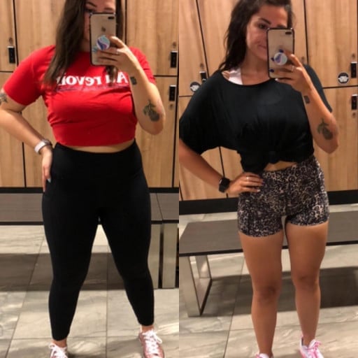 A progress pic of a 5'4" woman showing a fat loss from 170 pounds to 145 pounds. A respectable loss of 25 pounds.