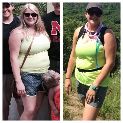 A progress pic of a 5'5" woman showing a weight reduction from 211 pounds to 180 pounds. A total loss of 31 pounds.