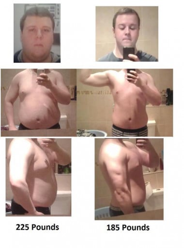 A before and after photo of a 5'7" male showing a weight reduction from 225 pounds to 185 pounds. A total loss of 40 pounds.