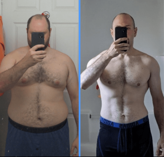 A picture of a 5'7" male showing a weight loss from 227 pounds to 159 pounds. A total loss of 68 pounds.