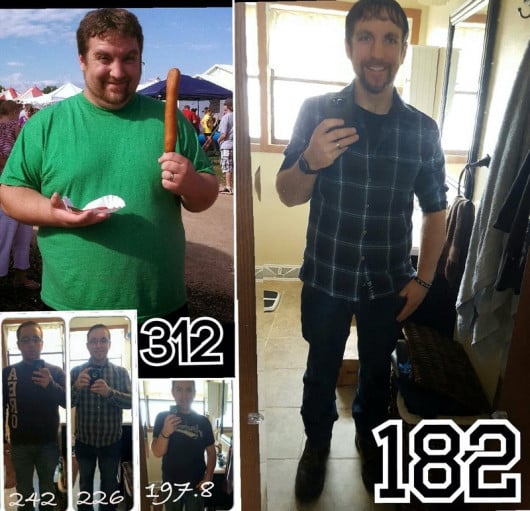5'8 Male 130 lbs Weight Loss Before and After 312 lbs to 182 lbs