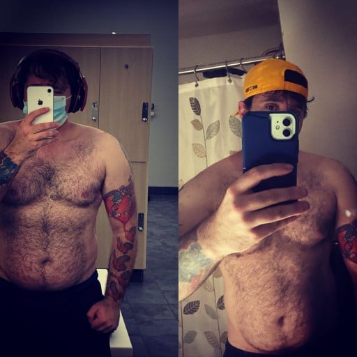 A before and after photo of a 5'10" male showing a weight reduction from 210 pounds to 185 pounds. A net loss of 25 pounds.