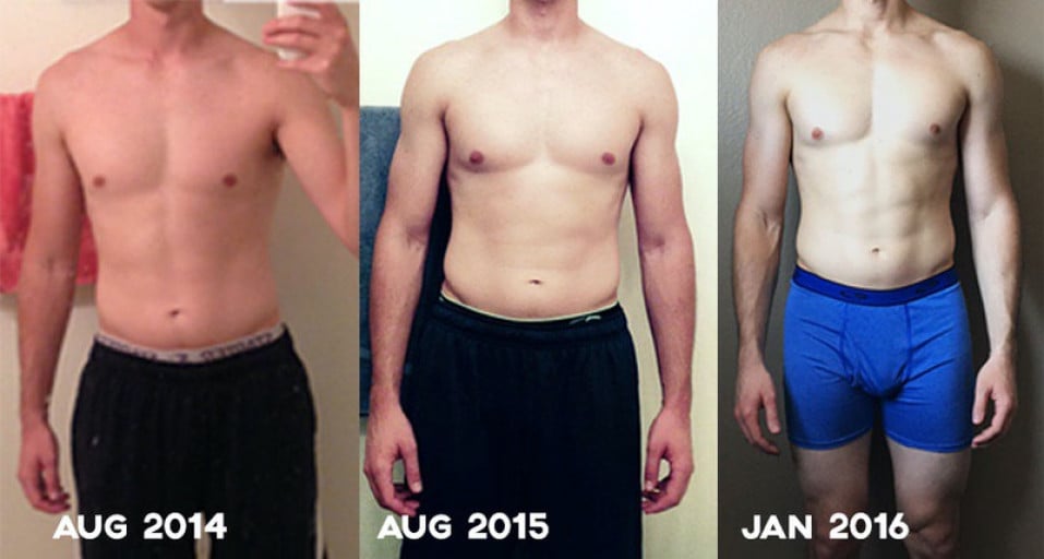 A progress pic of a 5'11" man showing a muscle gain from 160 pounds to 170 pounds. A total gain of 10 pounds.