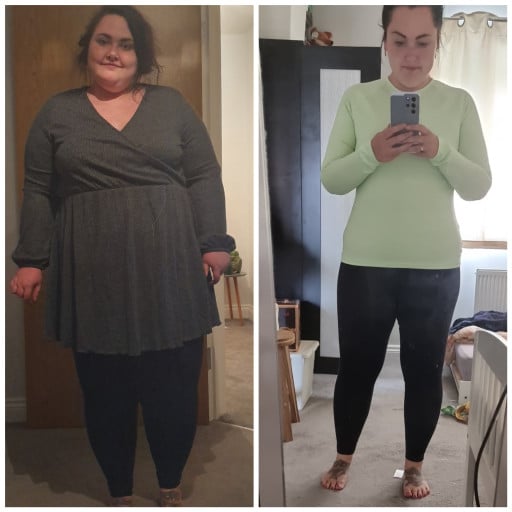 A picture of a 5'6" female showing a weight loss from 308 pounds to 174 pounds. A total loss of 134 pounds.