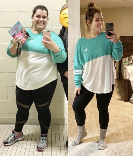 A before and after photo of a 5'3" female showing a weight reduction from 281 pounds to 190 pounds. A total loss of 91 pounds.
