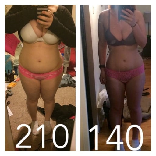 A picture of a 5'2" female showing a weight loss from 210 pounds to 140 pounds. A respectable loss of 70 pounds.