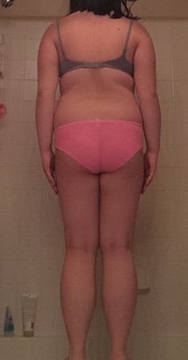 A before and after photo of a 5'5" female showing a snapshot of 174 pounds at a height of 5'5
