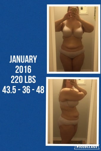 A before and after photo of a 5'6" female showing a weight loss from 283 pounds to 212 pounds. A net loss of 71 pounds.