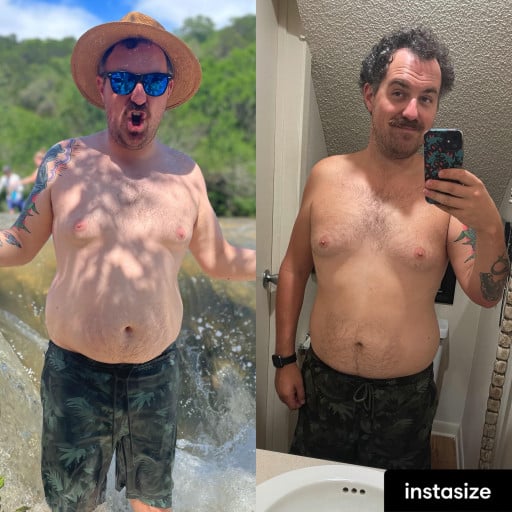 A progress pic of a 6'0" man showing a fat loss from 220 pounds to 189 pounds. A respectable loss of 31 pounds.