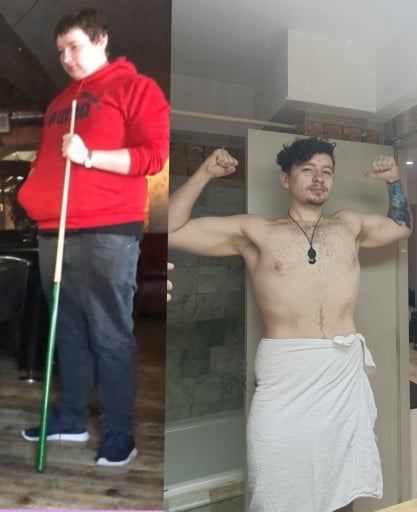 A picture of a 6'1" male showing a weight loss from 338 pounds to 215 pounds. A respectable loss of 123 pounds.