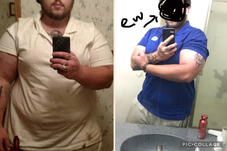 A photo of a 5'11" man showing a weight cut from 340 pounds to 235 pounds. A net loss of 105 pounds.