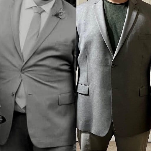 A before and after photo of a 6'1" male showing a weight reduction from 330 pounds to 280 pounds. A respectable loss of 50 pounds.