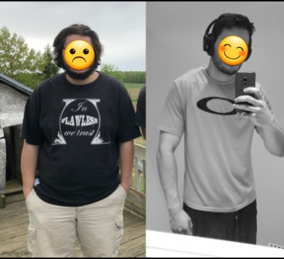 Before and After 65 lbs Fat Loss 6 foot Male 250 lbs to 185 lbs