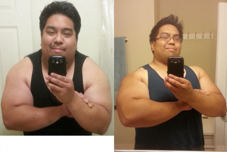 A progress pic of a 5'8" man showing a fat loss from 327 pounds to 296 pounds. A net loss of 31 pounds.