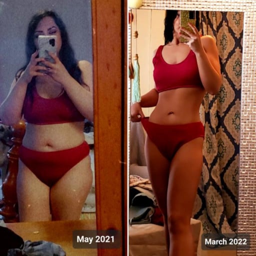 A progress pic of a 5'5" woman showing a fat loss from 230 pounds to 138 pounds. A net loss of 92 pounds.