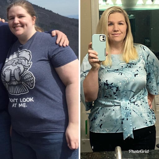 A before and after photo of a 5'3" female showing a weight reduction from 262 pounds to 219 pounds. A respectable loss of 43 pounds.