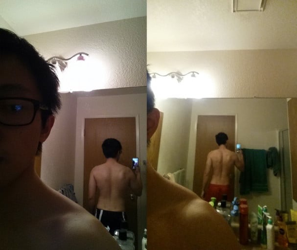 A before and after photo of a 5'7" male showing a fat loss from 145 pounds to 137 pounds. A respectable loss of 8 pounds.