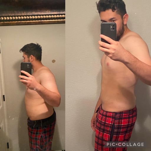 A picture of a 5'11" male showing a weight loss from 230 pounds to 195 pounds. A total loss of 35 pounds.