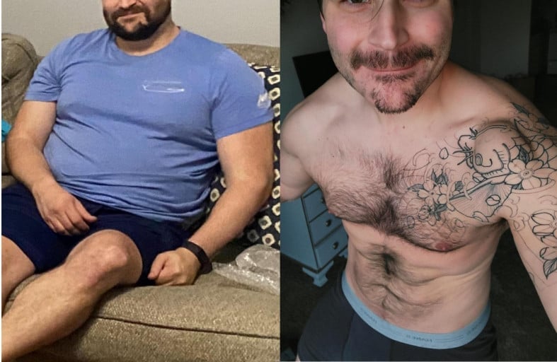 A progress pic of a 5'11" man showing a fat loss from 235 pounds to 180 pounds. A total loss of 55 pounds.