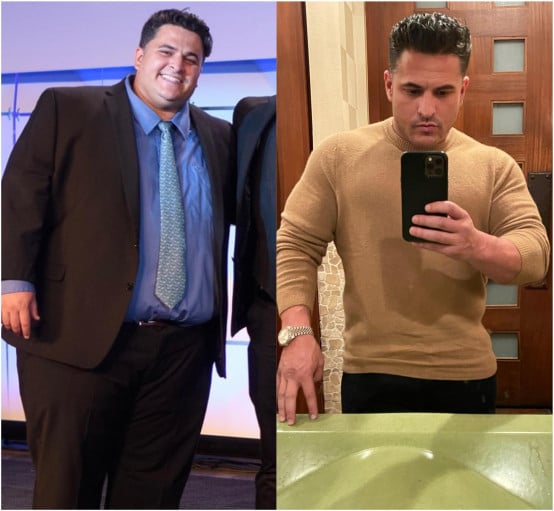 A before and after photo of a 5'8" male showing a weight reduction from 400 pounds to 215 pounds. A total loss of 185 pounds.
