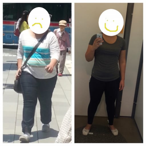 A before and after photo of a 5'7" female showing a weight reduction from 248 pounds to 176 pounds. A net loss of 72 pounds.
