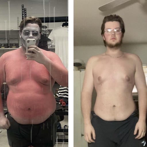 A progress pic of a 6'4" man showing a fat loss from 372 pounds to 268 pounds. A respectable loss of 104 pounds.