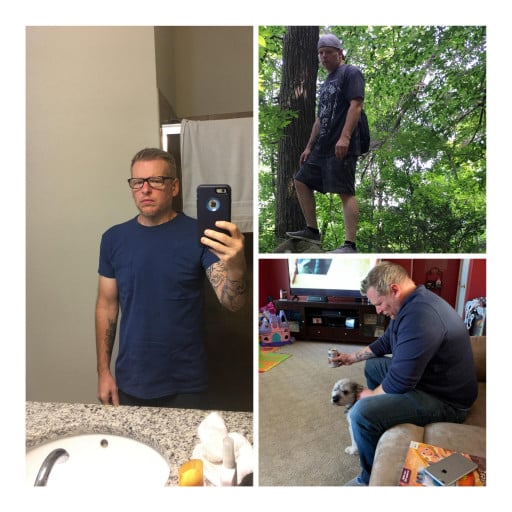 A progress pic of a 5'8" man showing a fat loss from 250 pounds to 153 pounds. A total loss of 97 pounds.