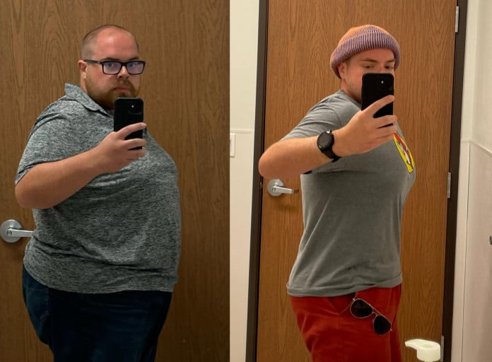 A picture of a 5'9" male showing a weight loss from 315 pounds to 200 pounds. A total loss of 115 pounds.