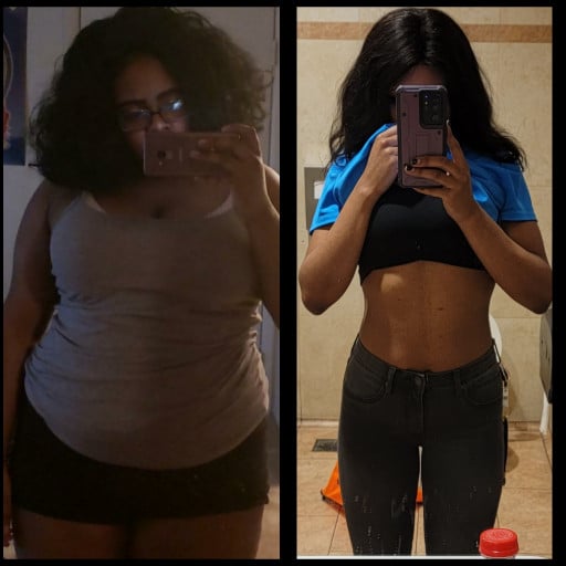 A before and after photo of a 5'4" female showing a weight reduction from 250 pounds to 139 pounds. A respectable loss of 111 pounds.