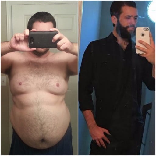 A picture of a 6'1" male showing a fat loss from 335 pounds to 176 pounds. A respectable loss of 159 pounds.