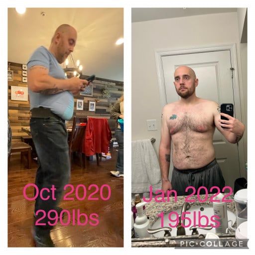 A before and after photo of a 6'0" male showing a weight reduction from 290 pounds to 195 pounds. A net loss of 95 pounds.