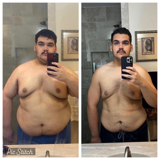 Before and After 150 lbs Fat Loss 6 foot Male 425 lbs to 275 lbs