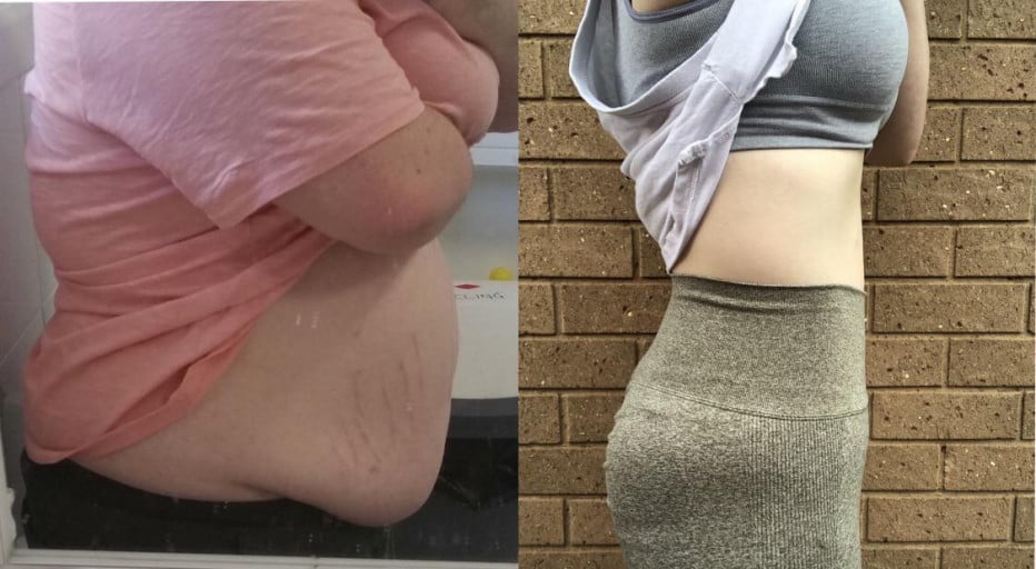 A progress pic of a 5'1" woman showing a fat loss from 260 pounds to 138 pounds. A net loss of 122 pounds.