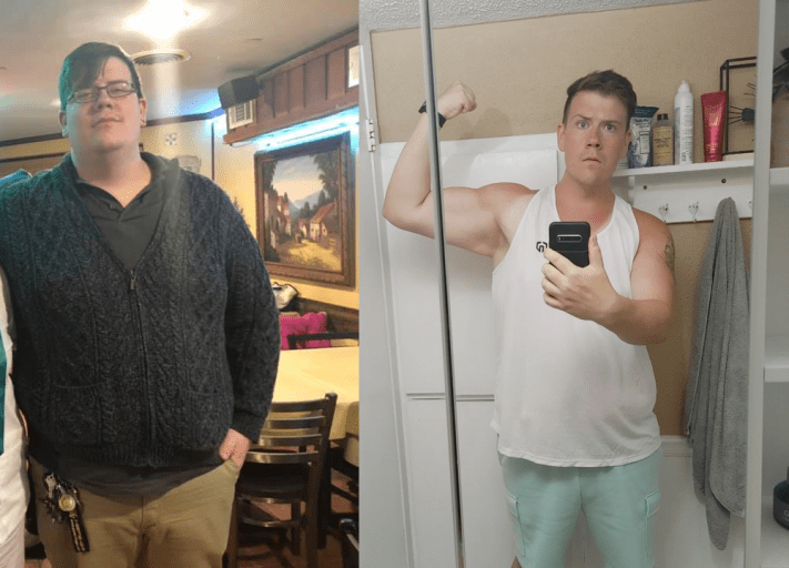 A progress pic of a 6'4" man showing a fat loss from 380 pounds to 355 pounds. A total loss of 25 pounds.
