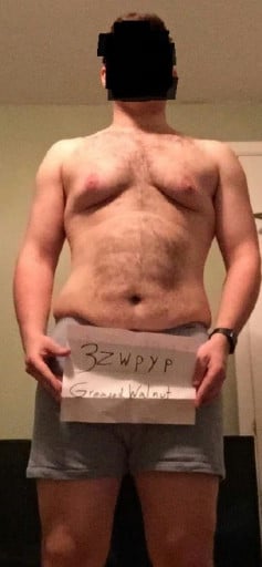 A before and after photo of a 6'0" male showing a snapshot of 218 pounds at a height of 6'0
