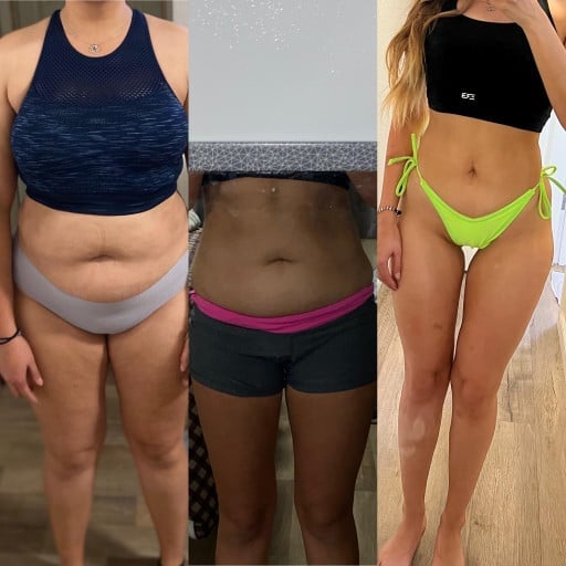 A picture of a 5'7" female showing a weight loss from 192 pounds to 136 pounds. A net loss of 56 pounds.