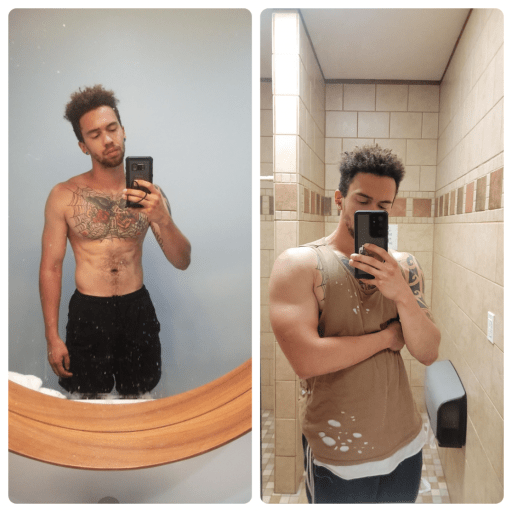 A progress pic of a 6'2" man showing a fat loss from 204 pounds to 174 pounds. A total loss of 30 pounds.