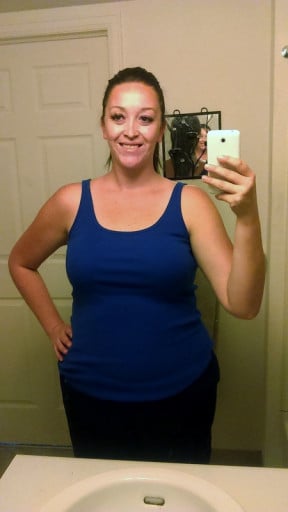 A progress pic of a 5'10" woman showing a weight loss from 269 pounds to 216 pounds. A total loss of 53 pounds.