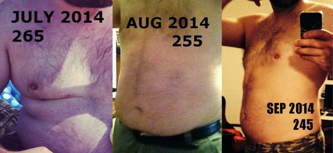A photo of a 6'1" man showing a weight cut from 265 pounds to 245 pounds. A net loss of 20 pounds.