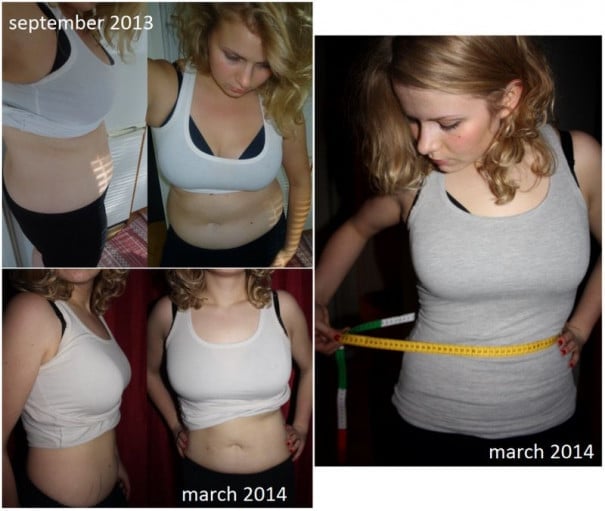 A photo of a 5'4" woman showing a weight cut from 187 pounds to 152 pounds. A respectable loss of 35 pounds.