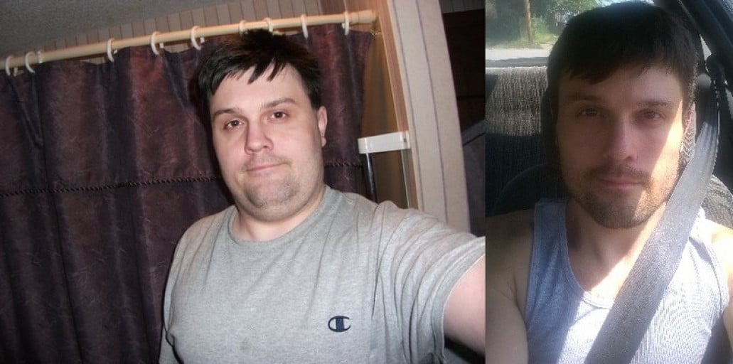 A picture of a 5'8" male showing a fat loss from 235 pounds to 157 pounds. A net loss of 78 pounds.