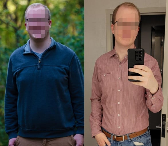 A before and after photo of a 6'1" male showing a weight reduction from 235 pounds to 185 pounds. A net loss of 50 pounds.