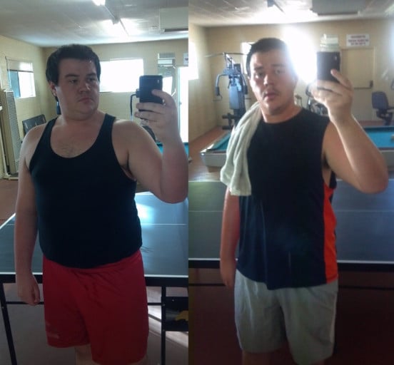 A progress pic of a 6'2" man showing a fat loss from 302 pounds to 252 pounds. A respectable loss of 50 pounds.