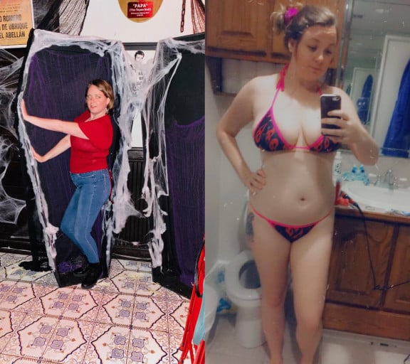 A progress pic of a 5'7" woman showing a fat loss from 191 pounds to 168 pounds. A respectable loss of 23 pounds.