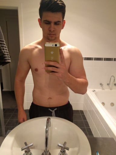 A progress pic of a 5'9" man showing a fat loss from 187 pounds to 180 pounds. A respectable loss of 7 pounds.
