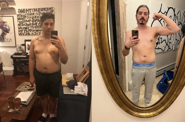 A progress pic of a 5'7" man showing a fat loss from 210 pounds to 168 pounds. A total loss of 42 pounds.