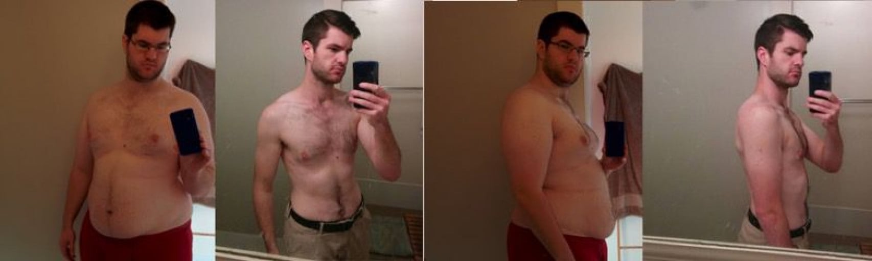 A before and after photo of a 6'0" male showing a weight reduction from 330 pounds to 182 pounds. A total loss of 148 pounds.
